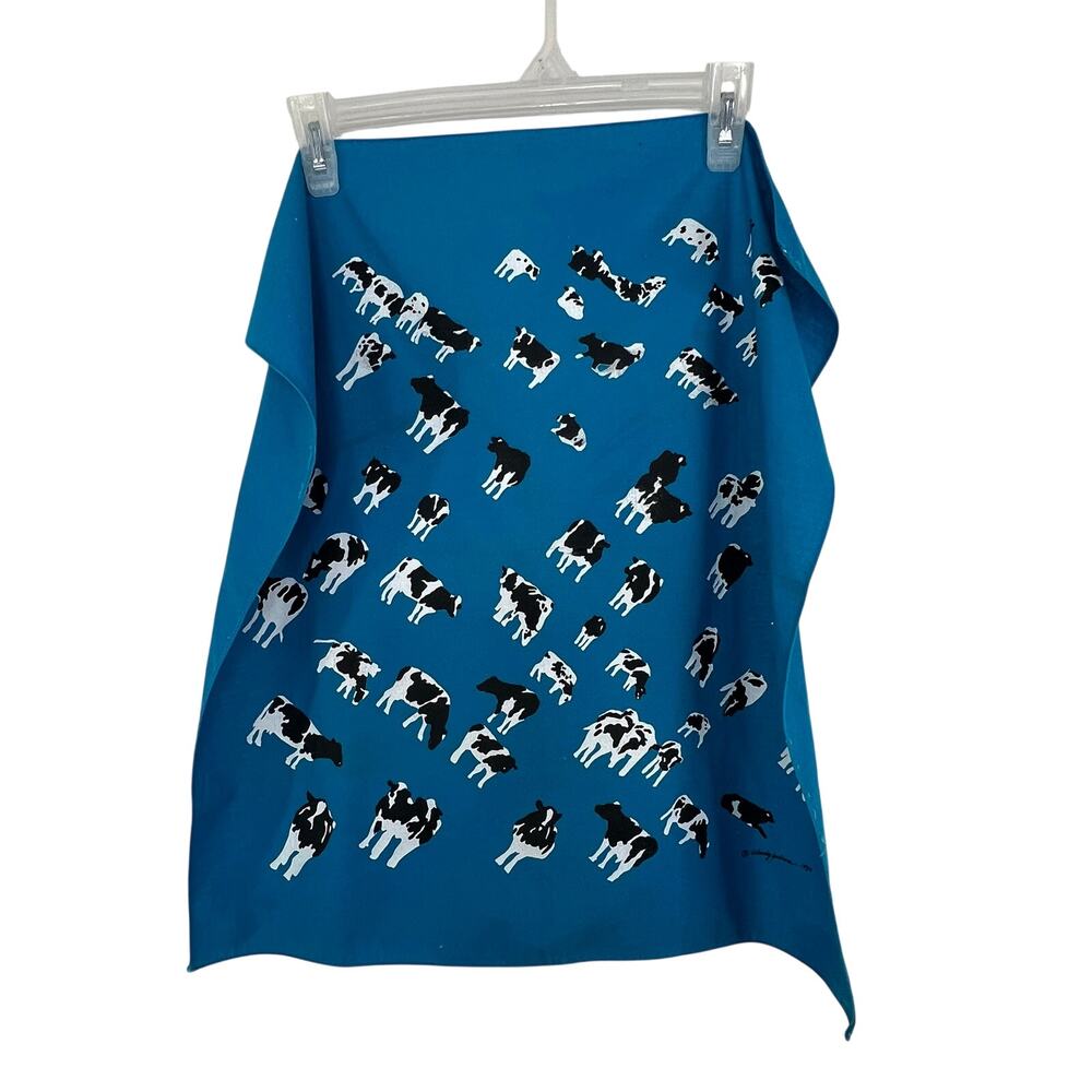 Vintage Woody Jackson Cow Print Bandana Blue 1984 Folk Art Vermont Cottagecore